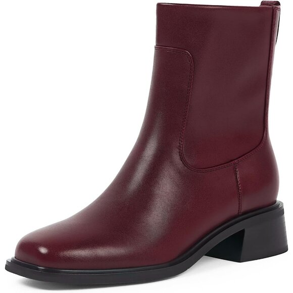 Women's Burgundy Square Toe Chunky Short Booties Fall Boots Side Zipper - Picture 1 of 7
